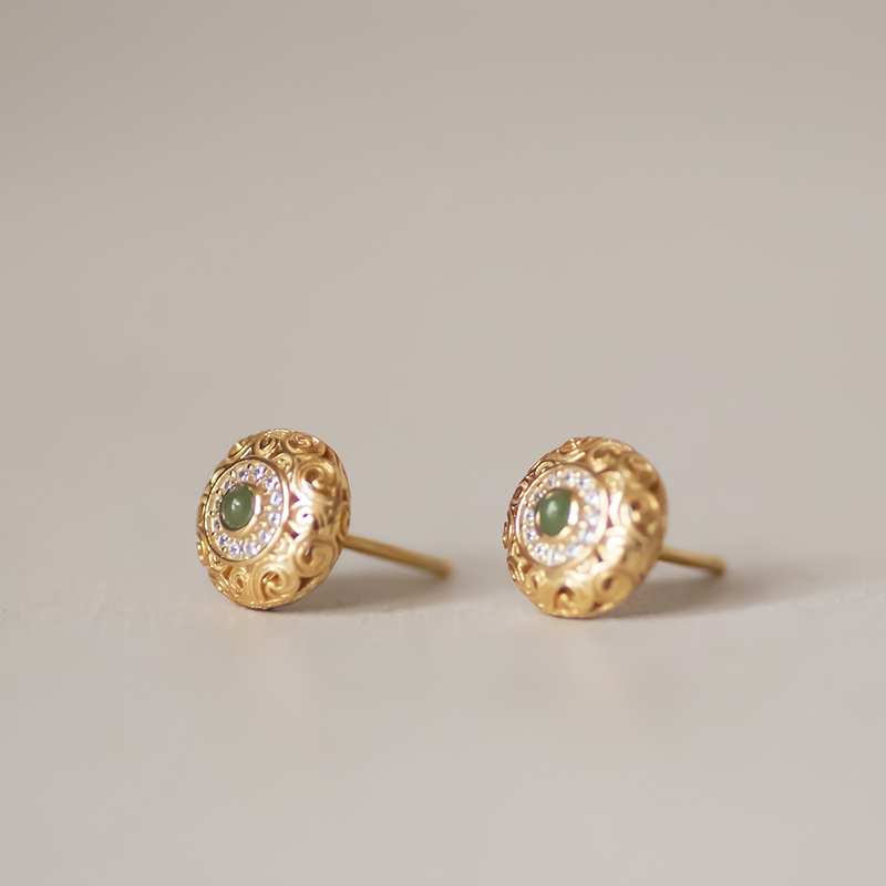 Vintage 925 Silver Plated Gold Cloud Pattern Hollowed Out Jade Zircon Round Earrings - Unique Mother's Day Jewelry Gift