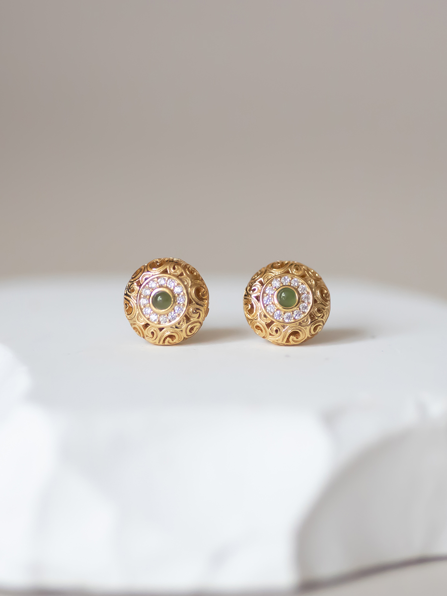 Vintage 925 Silver Plated Gold Cloud Pattern Hollowed Out Jade Zircon Round Earrings - Unique Mother's Day Jewelry Gift Vintage 925 Silver Plated Gold Cloud Pattern Hollowed Out Jade Zircon Round Earrings - Unique Mother's Day Jewelry Gift