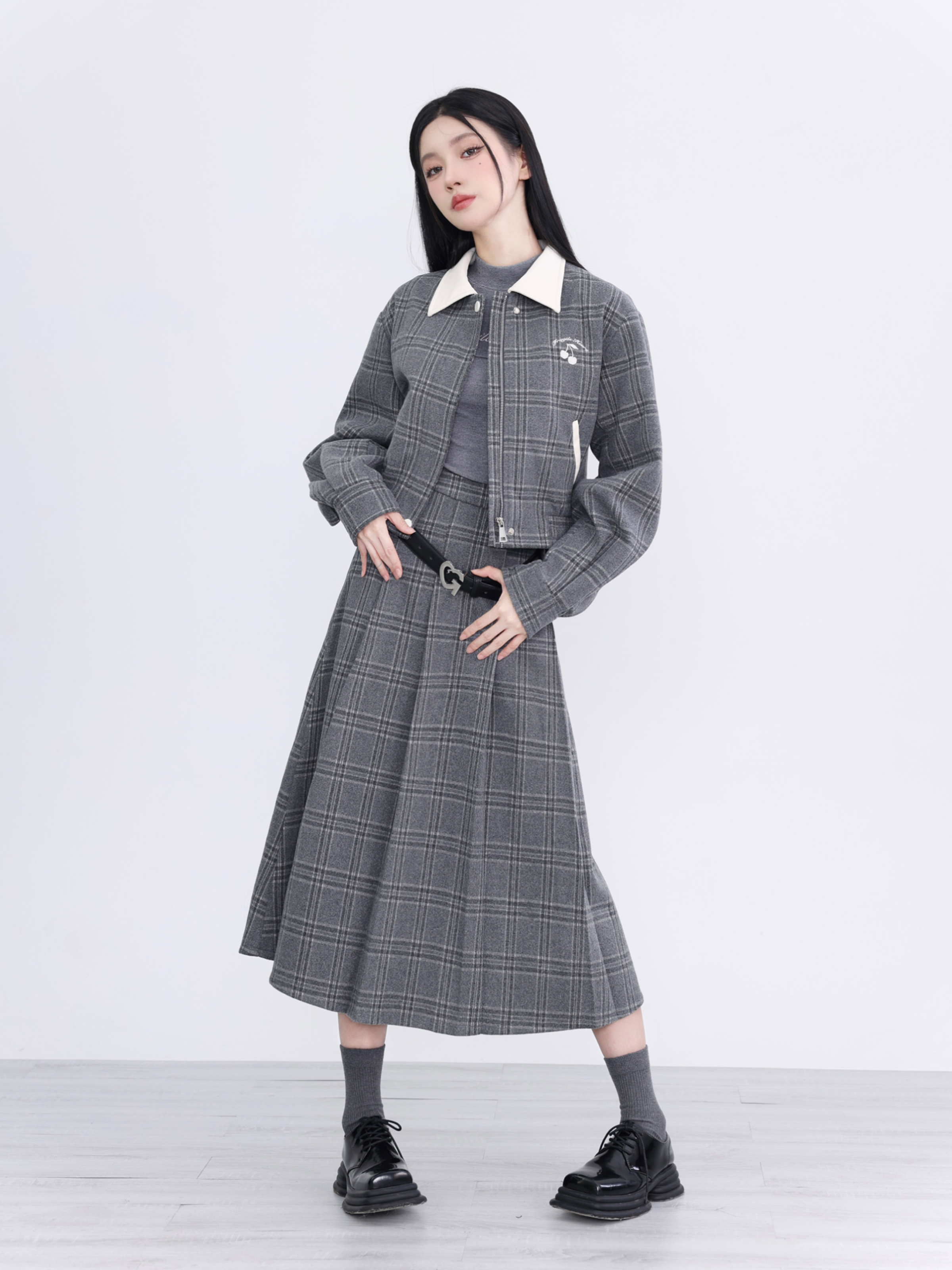 Vintage Academy Style Gray Plaid Quilted Jacket for Girls - Rich Girl's School Diary Inspired Fashion Outerwear