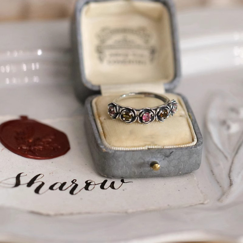 Vintage Adjustable Open Ring for Women with Thorn Rose, Tourmaline, Camellia Flower Design - Minimalist Boho Jewelry for 2025