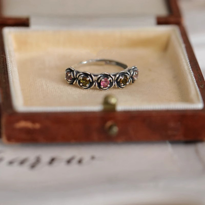 Vintage Adjustable Open Ring for Women with Thorn Rose, Tourmaline, Camellia Flower Design - Minimalist Boho Jewelry for 2025