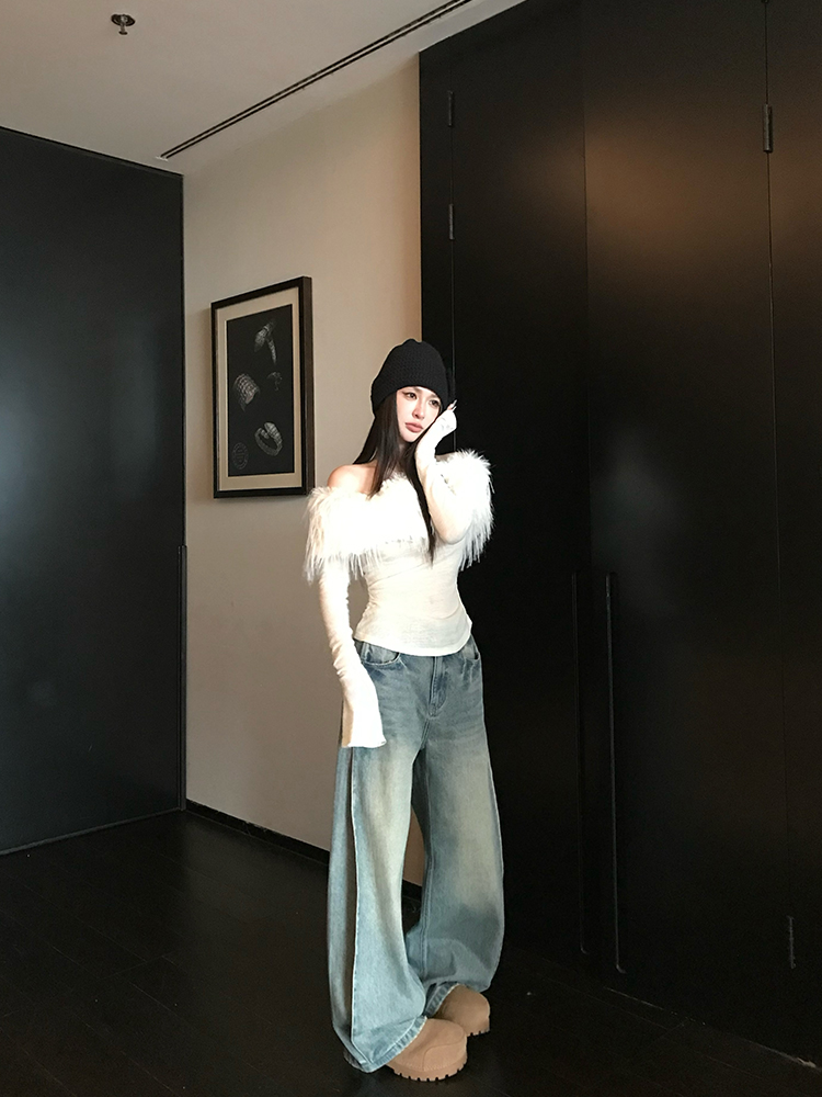 Vintage American Denim Wide-Leg Jeans for Women - Floor-Length Washed Loose Slim Fit - 90s Inspired Fashion