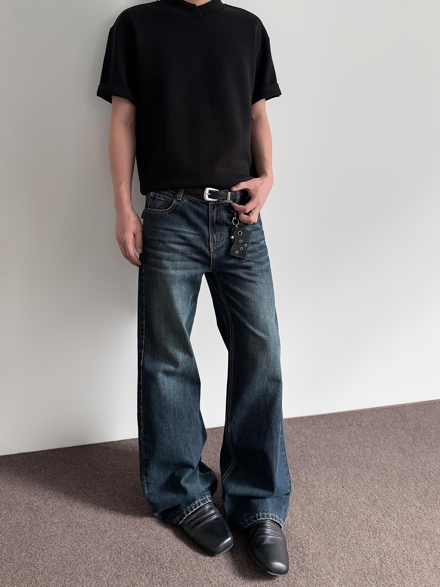 Vintage American Distressed Jeans for Men - Trendy Straight Leg Slim Fit Pants with Slight Flare, Retro Style Fashion Vintage American Distressed Jeans for Men - Trendy Straight Leg Slim Fit Pants with Slight Flare, Retro Style Fashion