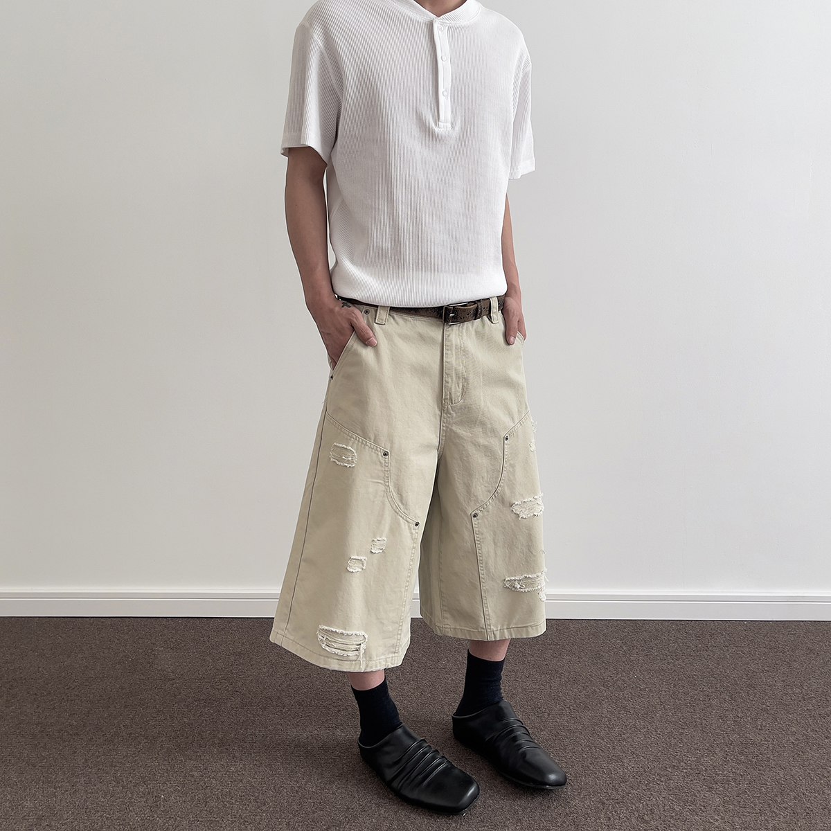 Vintage American Distressed Ripped Work Shorts - Boxy Cut, Loose Fit, 7-Point Length, Y2K Inspired Fashion