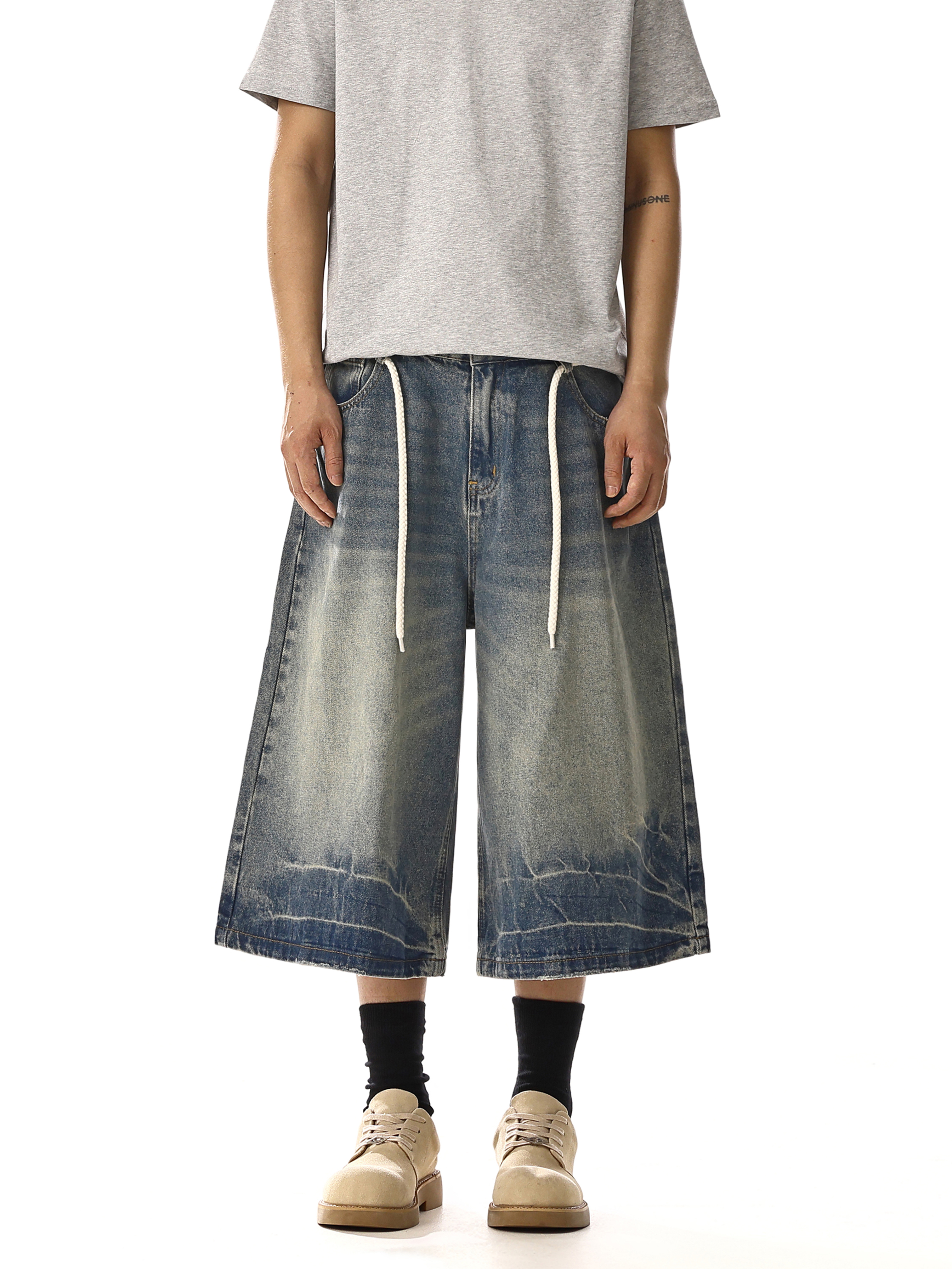 Vintage American-Style Lightning Pattern Denim Shorts for Men & Women, Summer Loose Drawstring Wide-Leg Cropped Pants