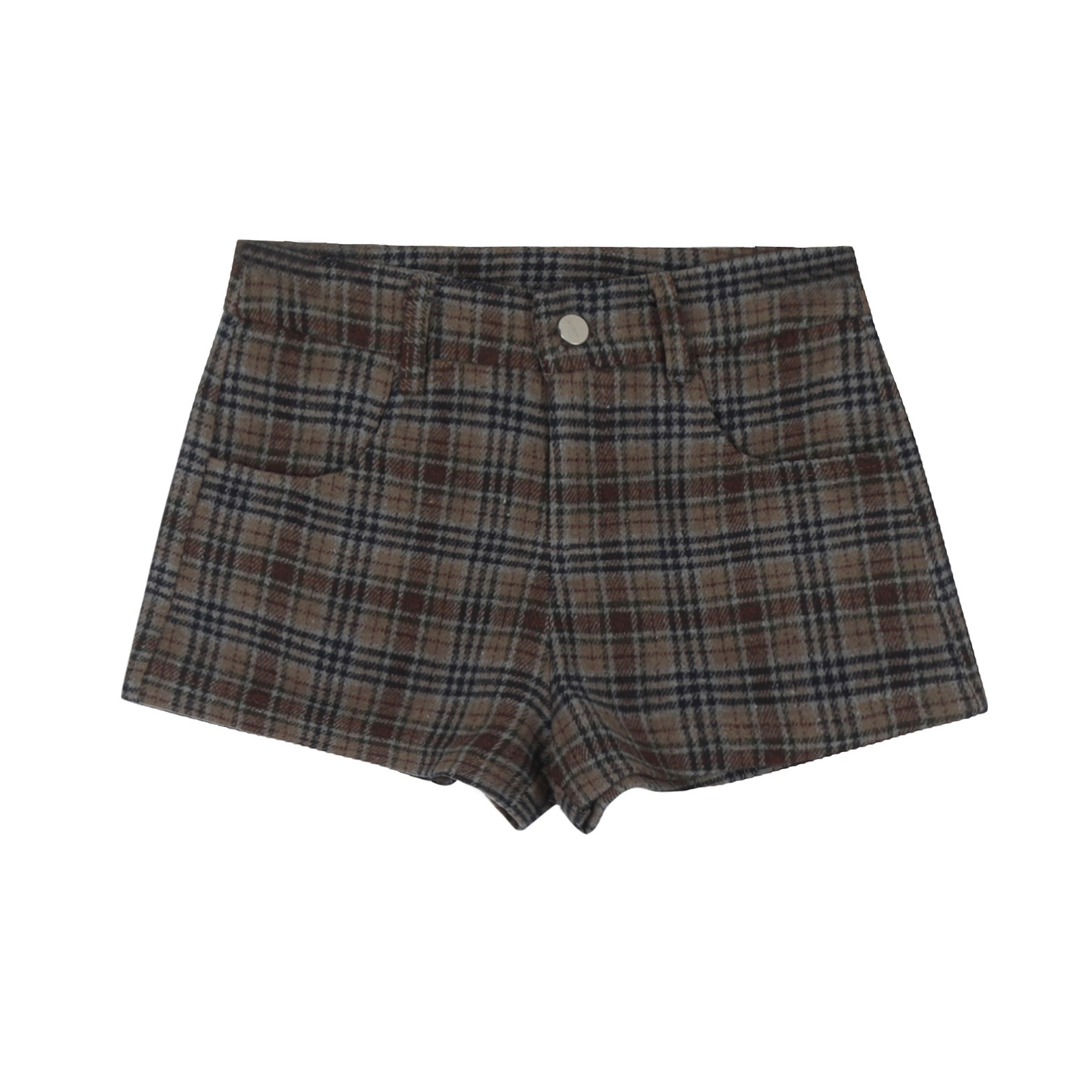 Vintage American Style Woolen Plaid Shorts for Autumn Winter, Mid-Low Waist, Leg-Lengthening Casual College Style Pants