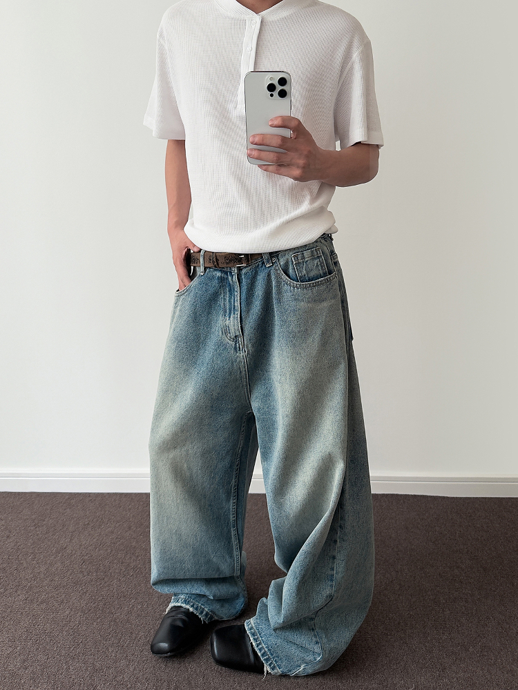 Vintage American Washed Distressed Baggy Wide-Leg Jeans - Trendy Clean Fit Straight Slim Pants for a 90s Y2K Look