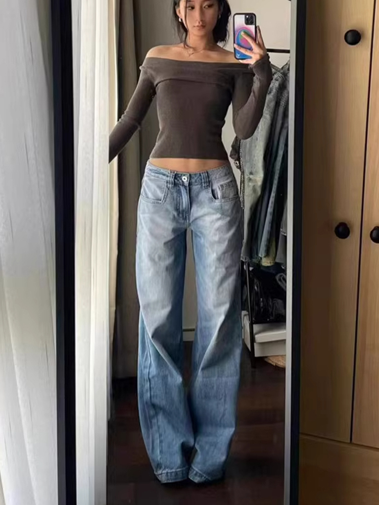 Vintage American Wide-Leg Jeans for Women - Summer Wash Low-Waist Loose-Fit Straight-Leg Floor-Length Pants