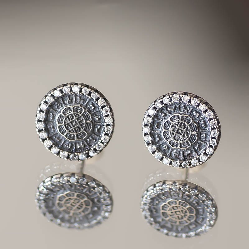 Vintage Antique Gold-Plated Round Stud Earrings with Diamond Inlay and Double-Sided Relief in Pure Silver 925 - National Style