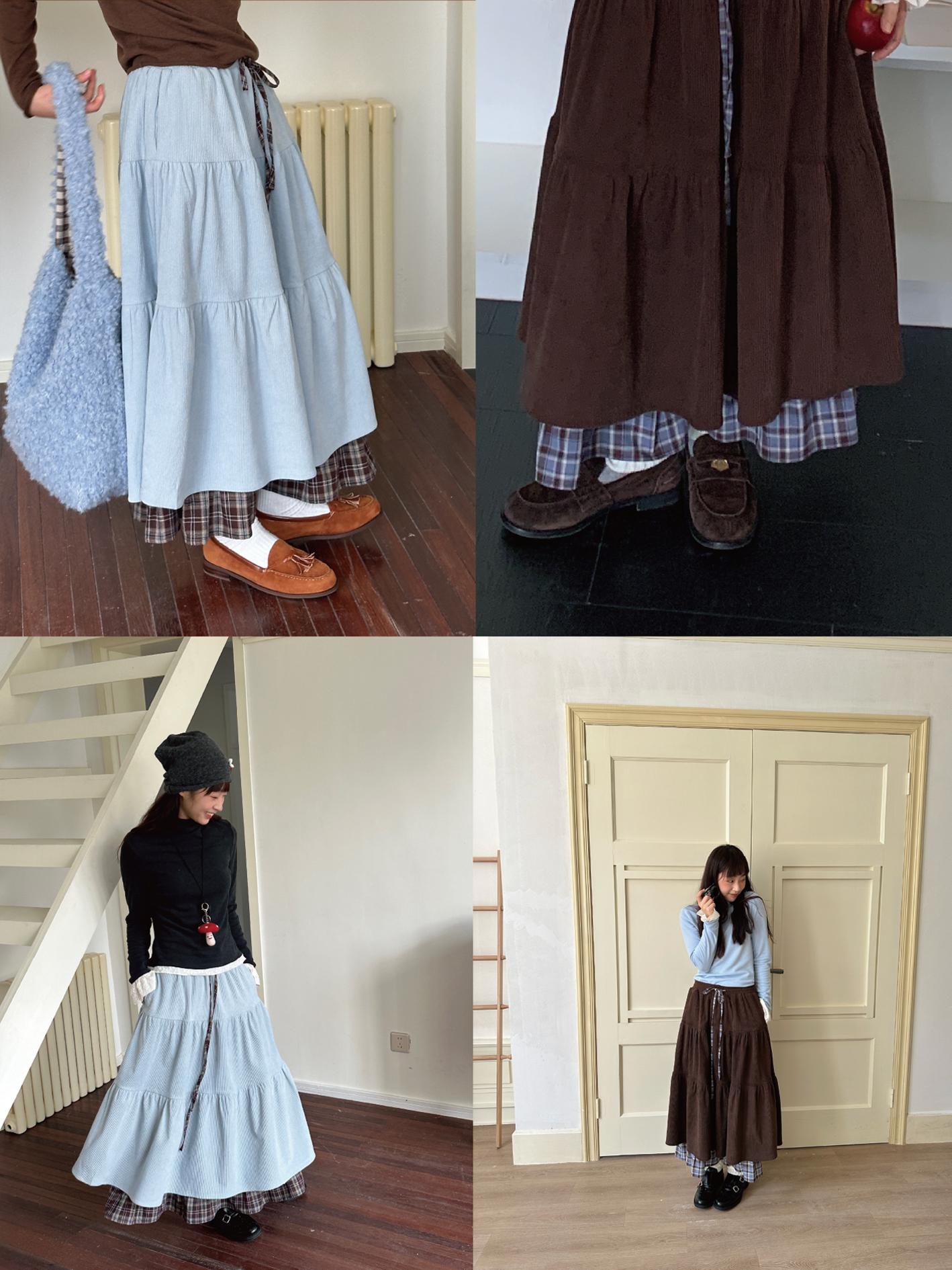 Vintage Autumn Winter Double-Layer Corduroy Midi Skirt - Heavy-Duty Slim-Fit Cake Skirt for Gallery Girl Style