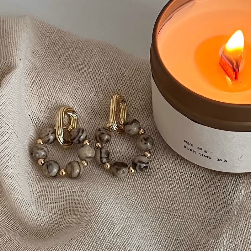 Vintage Beige Stone Handcrafted Hollow Oval Earrings for Women - Boho Chic Jewelry, Elegant Statement Accessory