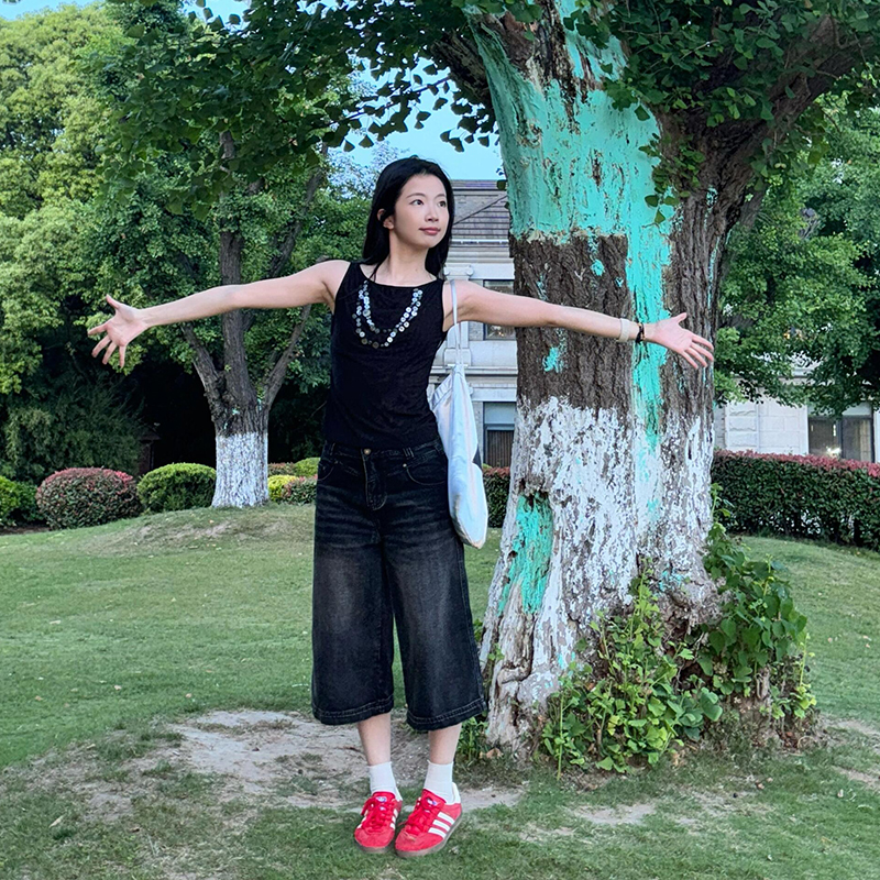 Vintage Black Cropped Wide-Leg Jeans for Women - High-Waisted Loose-Fitting Trendy Summer Pants