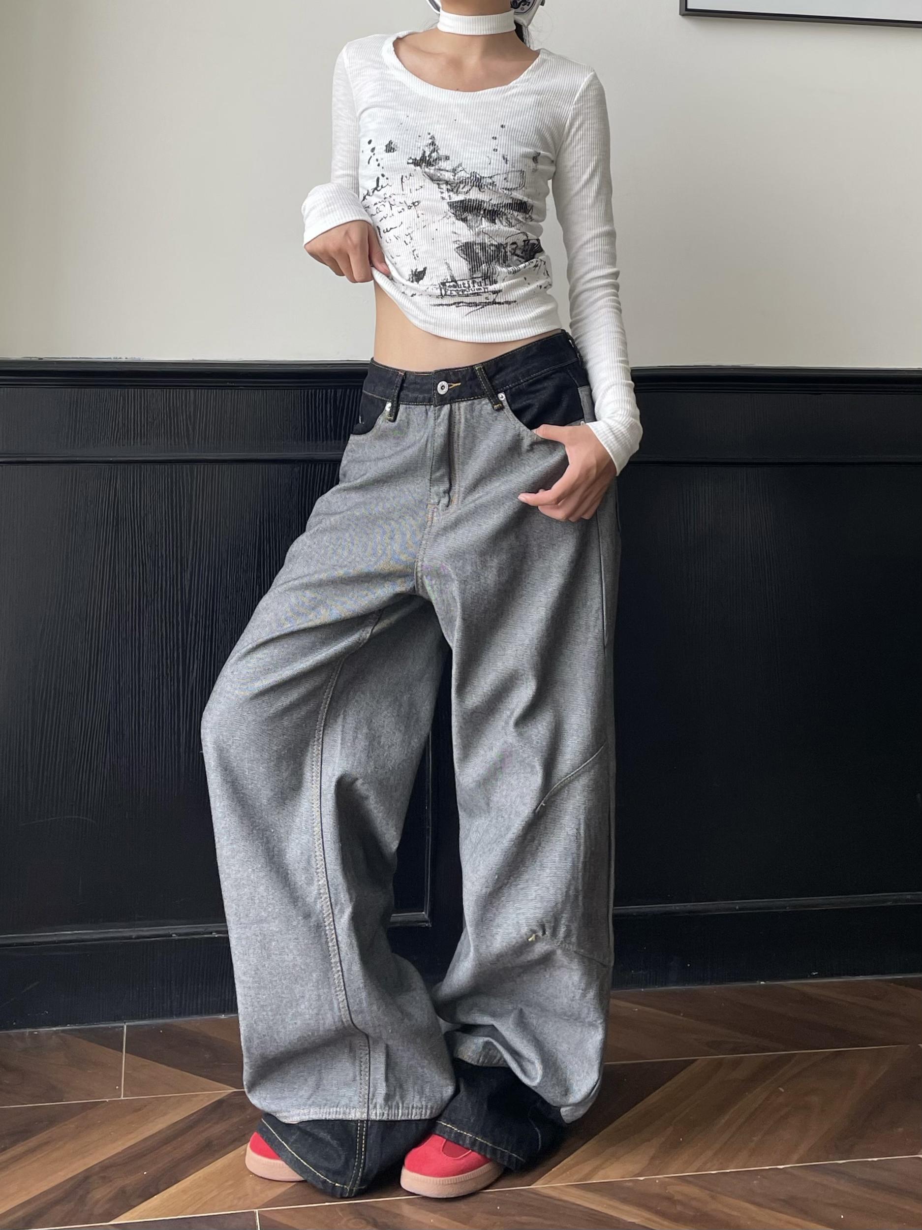 Vintage Black Denim Wide-Leg Pants - Spliced Fabric Design, Trendy Loose Fit, American High Street Style, Heatstroke Vibe Vintage Black Denim Wide-Leg Pants - Spliced Fabric Design, Trendy Loose Fit, American High Street Style, Heatstroke Vibe