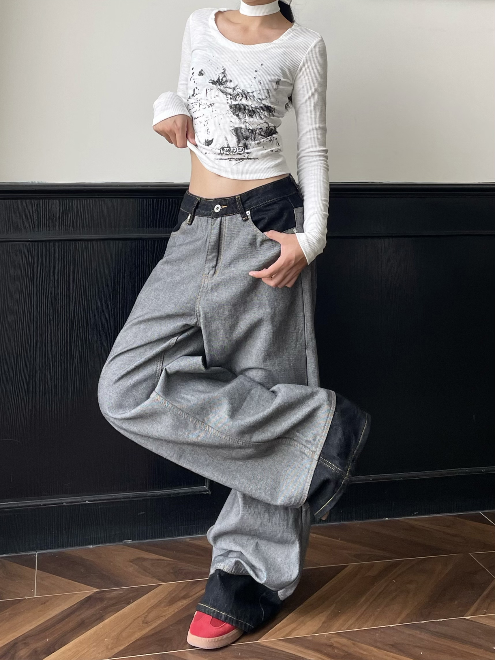 Vintage Black Denim Wide-Leg Pants - Spliced Fabric Design, Trendy Loose Fit, American High Street Style, Heatstroke Vibe Vintage Black Denim Wide-Leg Pants - Spliced Fabric Design, Trendy Loose Fit, American High Street Style, Heatstroke Vibe