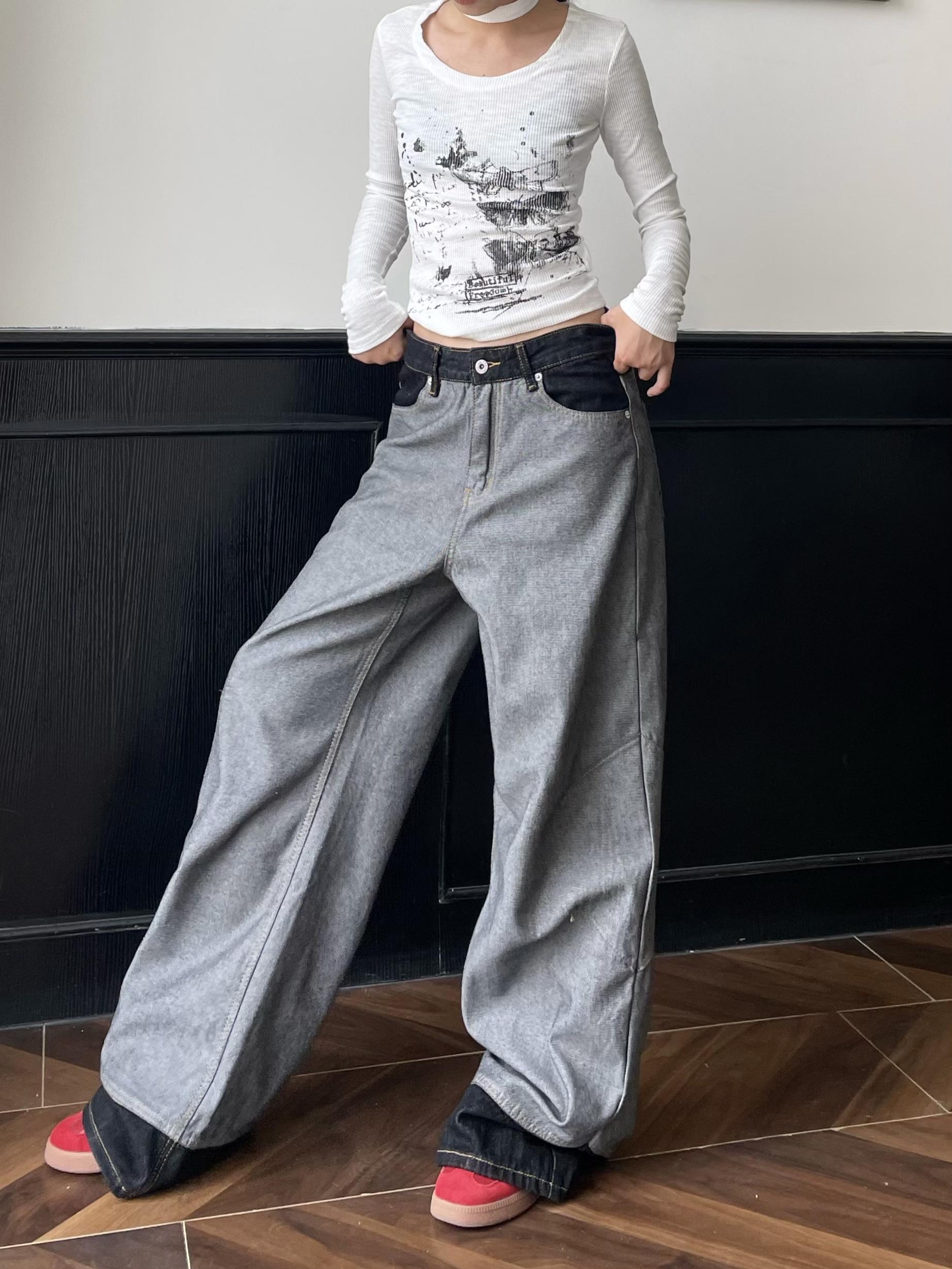 Vintage Black Denim Wide-Leg Pants - Spliced Fabric Design, Trendy Loose Fit, American High Street Style, Heatstroke Vibe Vintage Black Denim Wide-Leg Pants - Spliced Fabric Design, Trendy Loose Fit, American High Street Style, Heatstroke Vibe