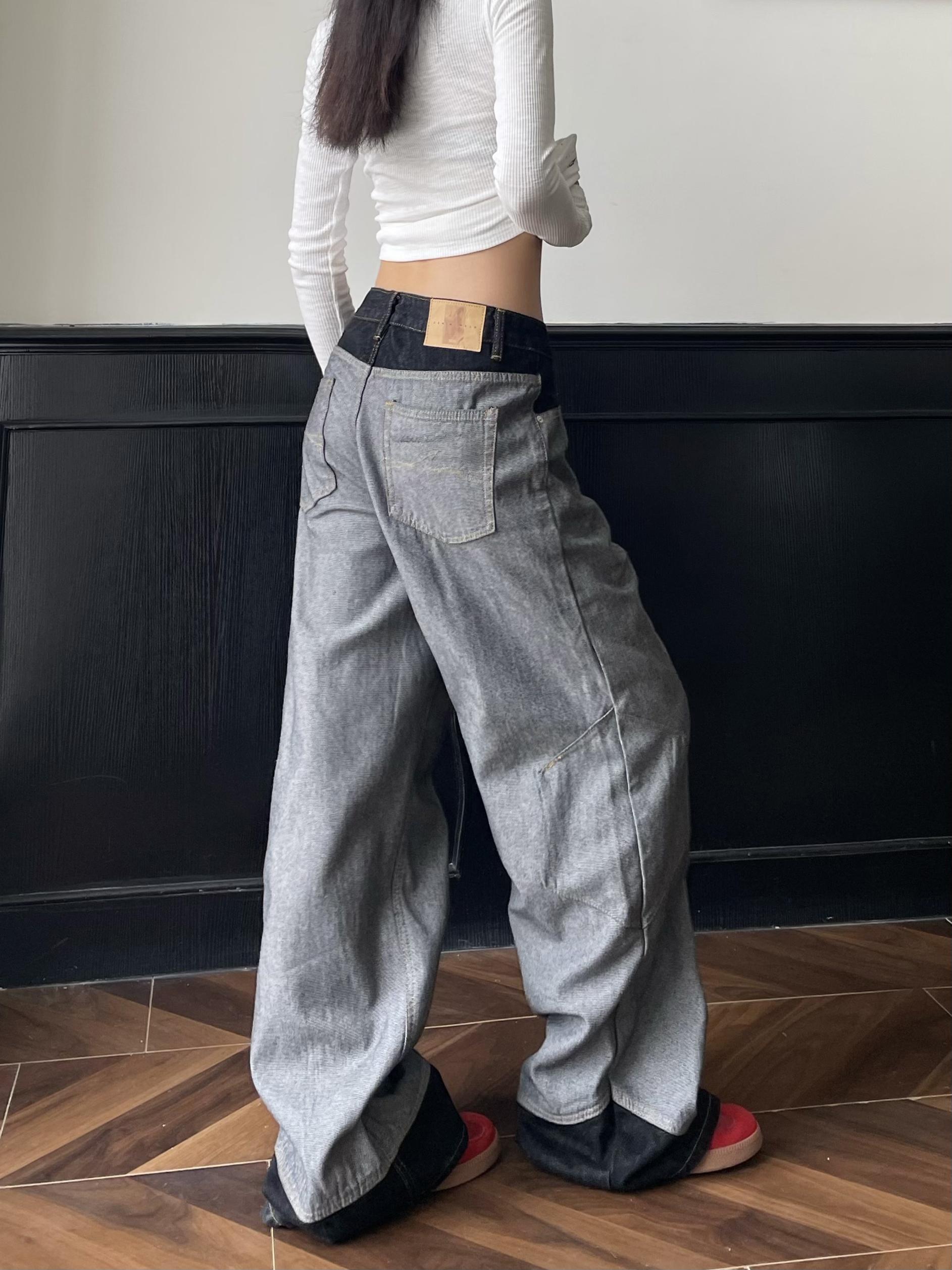 Vintage Black Denim Wide-Leg Pants - Spliced Fabric Design, Trendy Loose Fit, American High Street Style, Heatstroke Vibe Vintage Black Denim Wide-Leg Pants - Spliced Fabric Design, Trendy Loose Fit, American High Street Style, Heatstroke Vibe