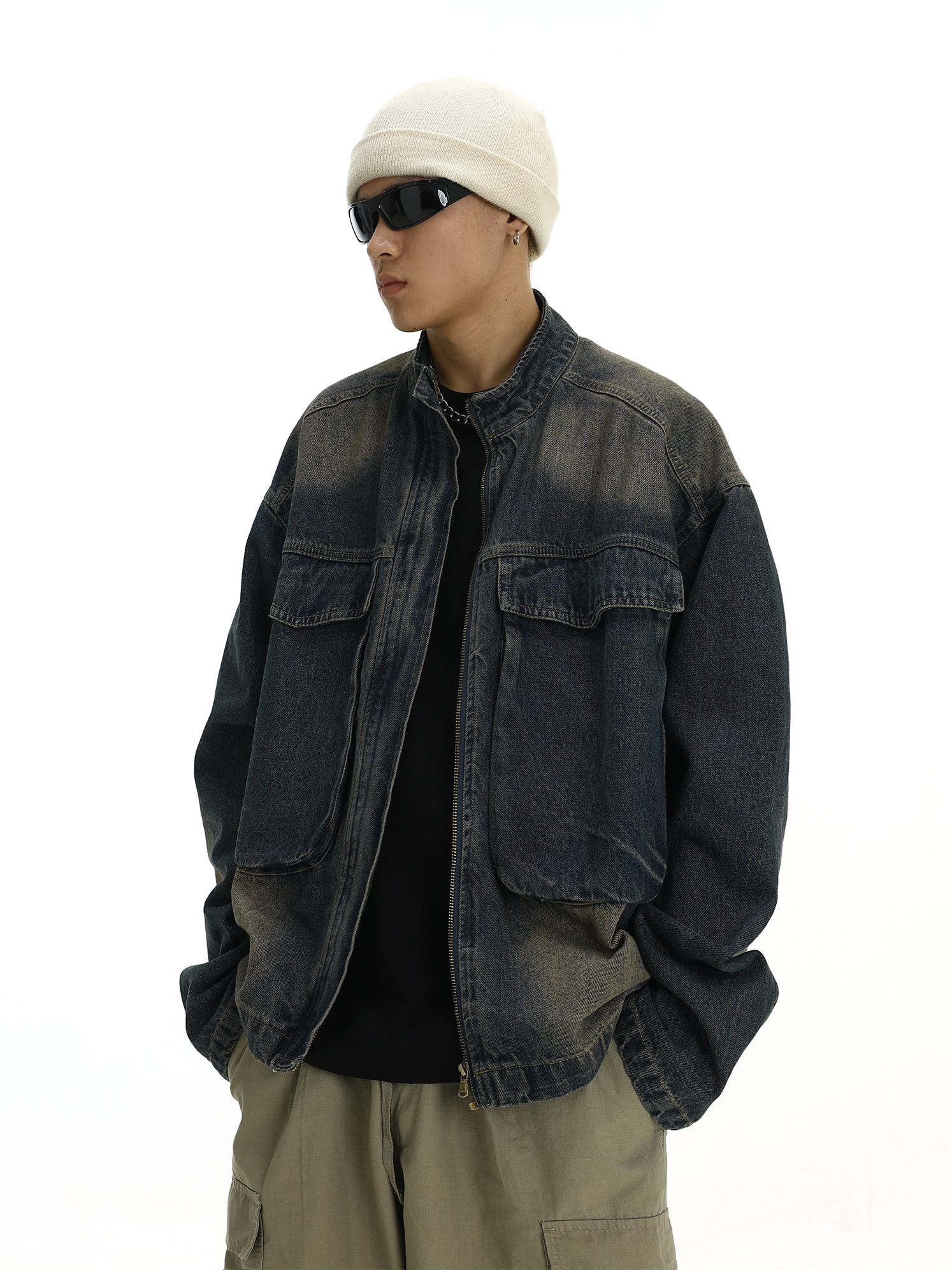 Vintage Blue Gradient Washed Distressed Denim Jacket for Men and Women, Casual Loose Fit with Large Pockets and Stand Collar