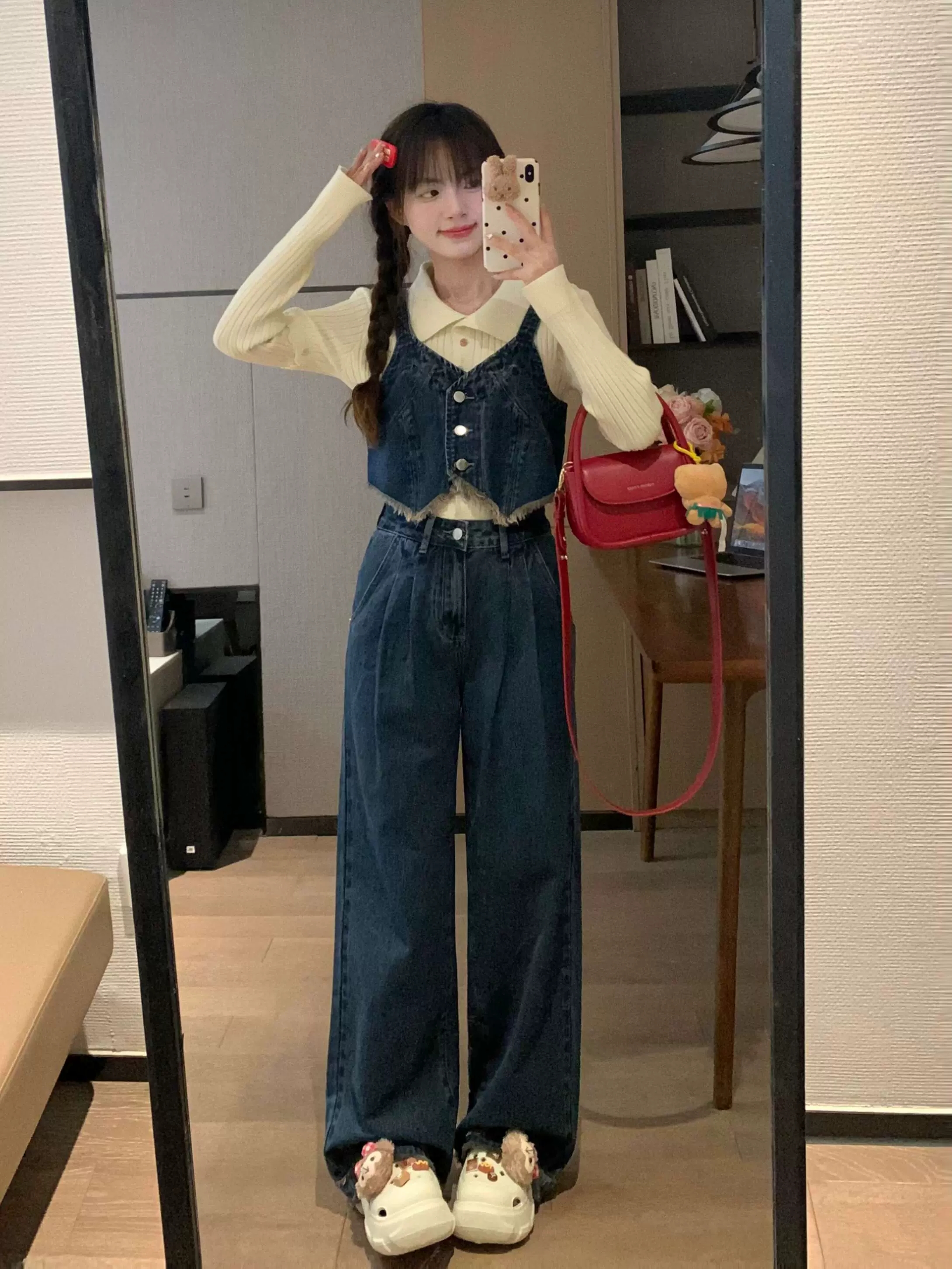 Vintage Blue Loose Draped Denim Pants for Women - Casual Split Strap Design, Relaxed Fit, Versatile Spring Style