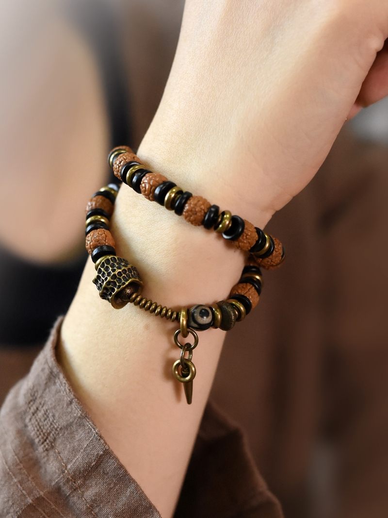 Vintage Bodhi Seed Copper Bead Bracelet for Women and Men, Trendy Ethnic Style Jewelry, Unique Personality Accessories