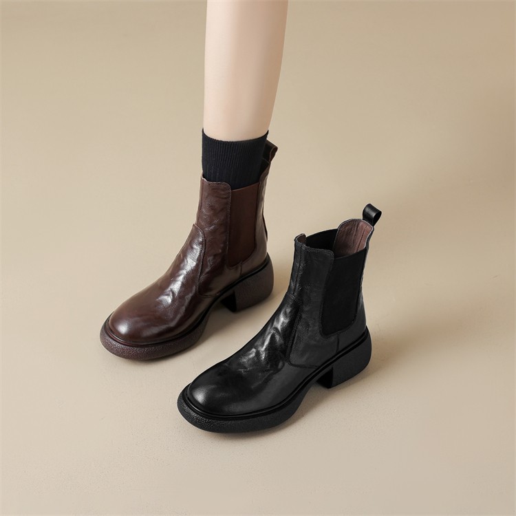 Vintage Brown Genuine Leather Chelsea Ankle Boots for Women - Soft Thick-Soled Round-Toe Elastic Short Boots, Versatile Style Vintage Brown Genuine Leather Chelsea Ankle Boots for Women - Soft Thick-Soled Round-Toe Elastic Short Boots, Versatile Style