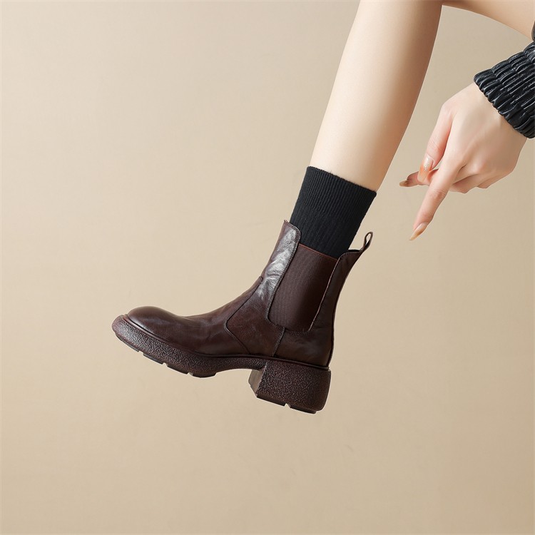Vintage Brown Genuine Leather Chelsea Ankle Boots for Women - Soft Thick-Soled Round-Toe Elastic Short Boots, Versatile Style