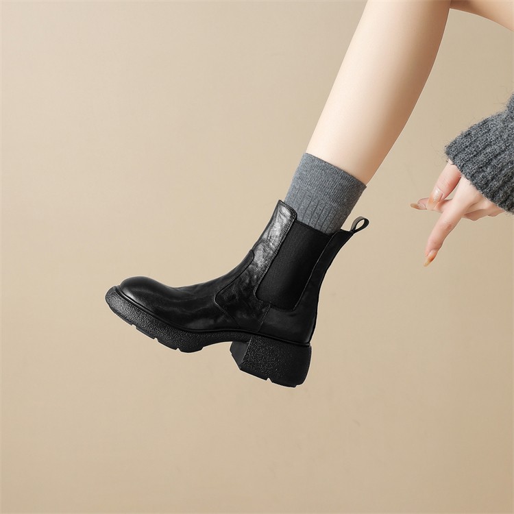 Vintage Brown Genuine Leather Chelsea Ankle Boots for Women - Soft Thick-Soled Round-Toe Elastic Short Boots, Versatile Style Vintage Brown Genuine Leather Chelsea Ankle Boots for Women - Soft Thick-Soled Round-Toe Elastic Short Boots, Versatile Style