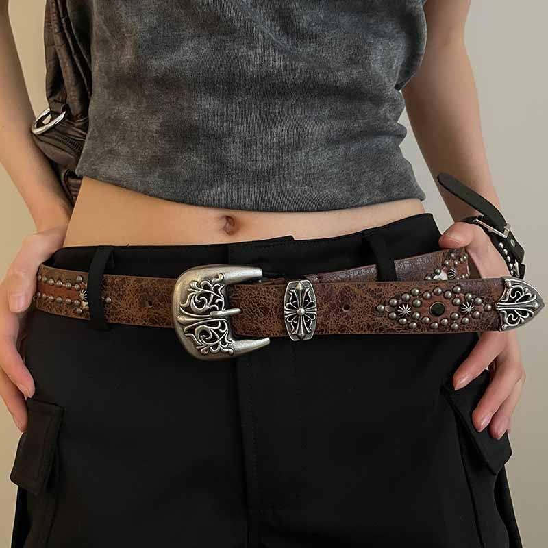 Vintage Brown Studded Belt for Denim Pants - Versatile High-End Accessory, Perfect for Y2K and 90s Fashion