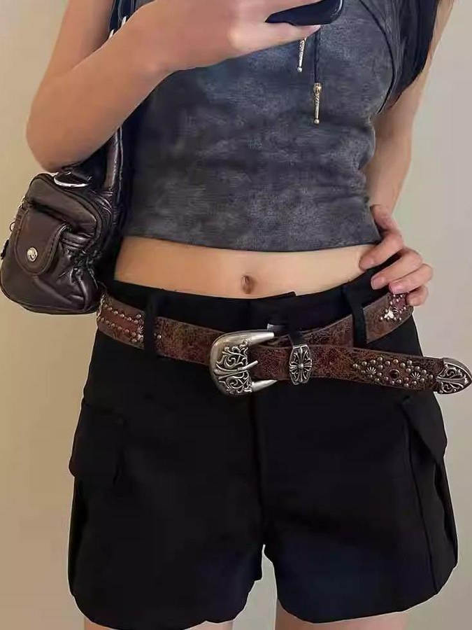 Vintage Brown Studded Belt for Denim Pants - Versatile High-End Accessory, Perfect for Y2K and 90s Fashion Vintage Brown Studded Belt for Denim Pants - Versatile High-End Accessory, Perfect for Y2K and 90s Fashion