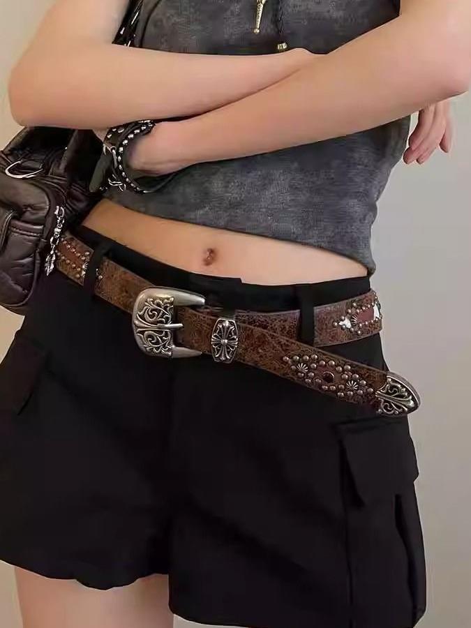 Vintage Brown Studded Belt for Denim Pants - Versatile High-End Accessory, Perfect for Y2K and 90s Fashion Vintage Brown Studded Belt for Denim Pants - Versatile High-End Accessory, Perfect for Y2K and 90s Fashion