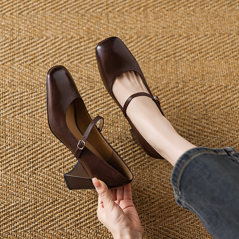 Vintage Brown Washed Cowhide Chunky Heel High-Heeled Mary Jane Shoes for Women - Stylish French Strap Design