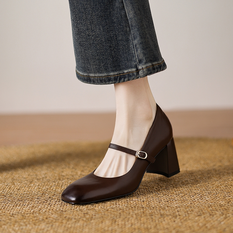 Vintage Brown Washed Cowhide Chunky Heel High-Heeled Mary Jane Shoes for Women - Stylish French Strap Design