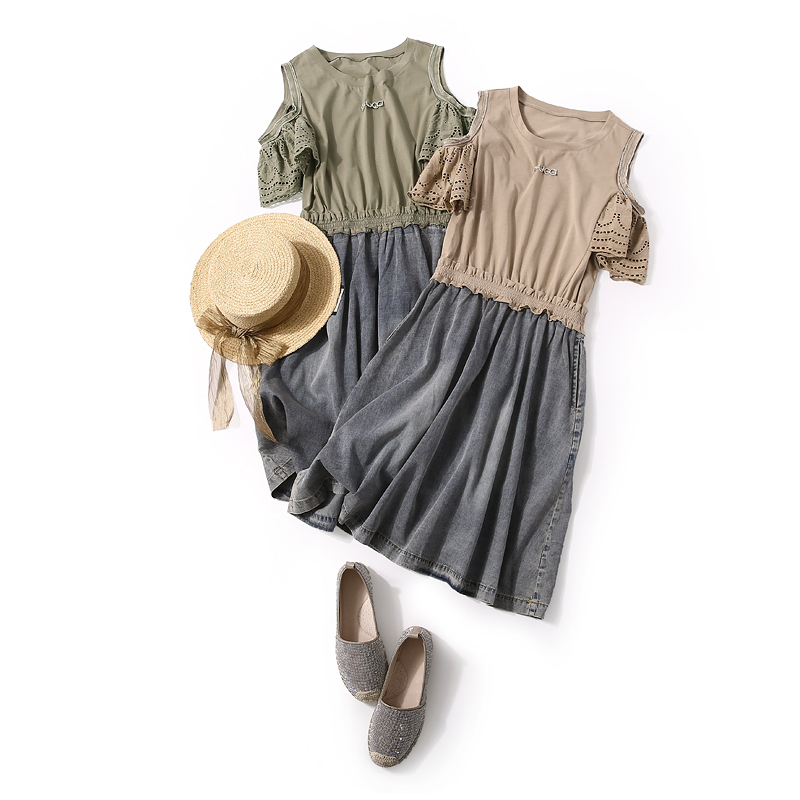 Vintage Casual Dress with Off-Shoulder Design, Hollow Embroidery, and Spliced Denim - European Summer Fashion Vintage Casual Dress with Off-Shoulder Design, Hollow Embroidery, and Spliced Denim - European Summer Fashion