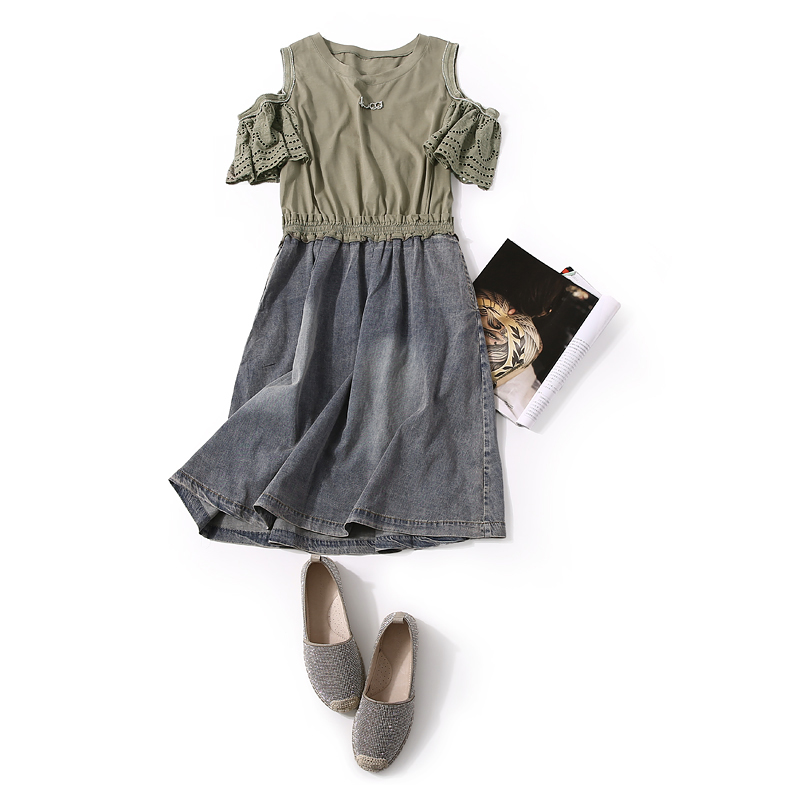 Vintage Casual Dress with Off-Shoulder Design, Hollow Embroidery, and Spliced Denim - European Summer Fashion Vintage Casual Dress with Off-Shoulder Design, Hollow Embroidery, and Spliced Denim - European Summer Fashion