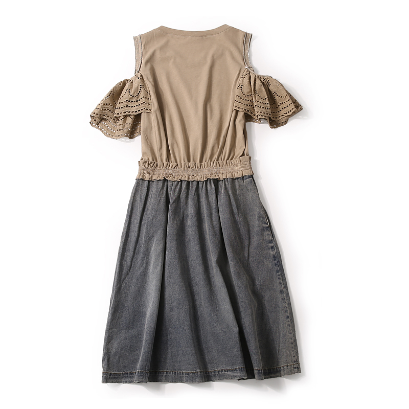 Vintage Casual Dress with Off-Shoulder Design, Hollow Embroidery, and Spliced Denim - European Summer Fashion Vintage Casual Dress with Off-Shoulder Design, Hollow Embroidery, and Spliced Denim - European Summer Fashion