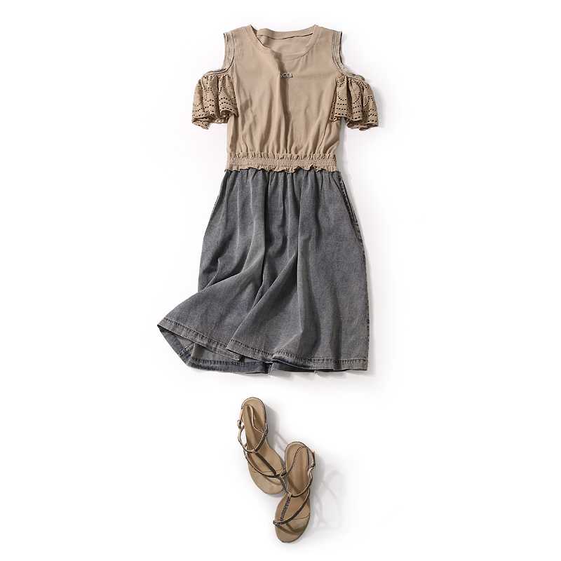 Vintage Casual Dress with Off-Shoulder Design, Hollow Embroidery, and Spliced Denim - European Summer Fashion Vintage Casual Dress with Off-Shoulder Design, Hollow Embroidery, and Spliced Denim - European Summer Fashion