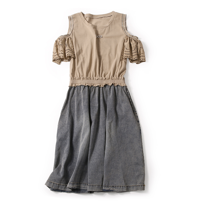 Vintage Casual Dress with Off-Shoulder Design, Hollow Embroidery, and Spliced Denim - European Summer Fashion Vintage Casual Dress with Off-Shoulder Design, Hollow Embroidery, and Spliced Denim - European Summer Fashion