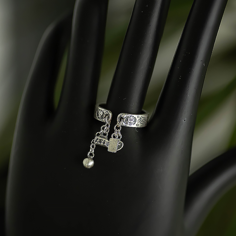 Vintage Chinese Style 999 Sterling Silver Ring with Carved Auspicious Sayings, Peace, Joy, and Tassel Lock