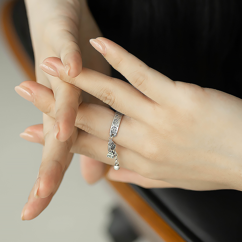 Vintage Chinese Style 999 Sterling Silver Ring with Carved Auspicious Sayings, Peace, Joy, and Tassel Lock Vintage Chinese Style 999 Sterling Silver Ring with Carved Auspicious Sayings, Peace, Joy, and Tassel Lock