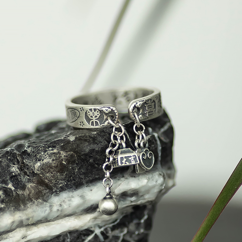 Vintage Chinese Style 999 Sterling Silver Ring with Carved Auspicious Sayings, Peace, Joy, and Tassel Lock Vintage Chinese Style 999 Sterling Silver Ring with Carved Auspicious Sayings, Peace, Joy, and Tassel Lock