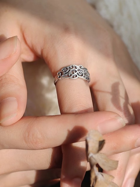 Vintage Chinese Style Cloud Wide Hollow Adjustable Ring in 925 Sterling Silver for Men and Women - Carved Design, Bohemian Fashion Accessory