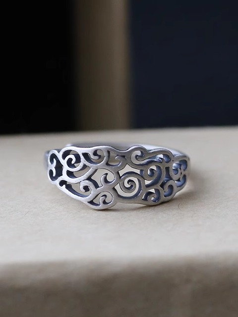 Vintage Chinese Style Cloud Wide Hollow Adjustable Ring in 925 Sterling Silver for Men and Women - Carved Design, Bohemian Fashion Accessory