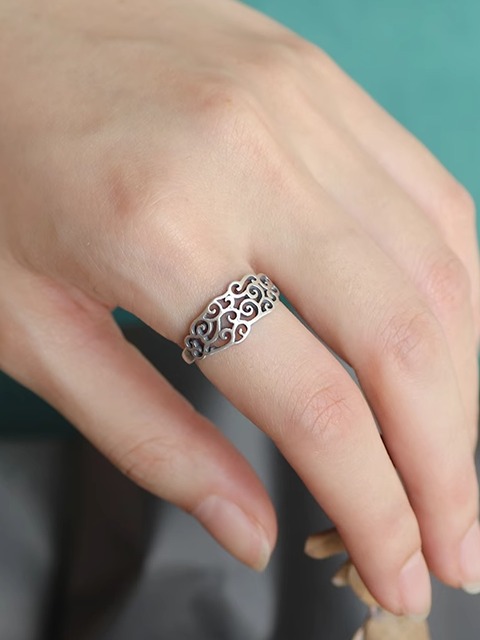 Vintage Chinese Style Cloud Wide Hollow Adjustable Ring in 925 Sterling Silver for Men and Women - Carved Design, Bohemian Fashion Accessory Vintage Chinese Style Cloud Wide Hollow Adjustable Ring in 925 Sterling Silver for Men and Women - Carved Design, Bohemian Fashion Accessory