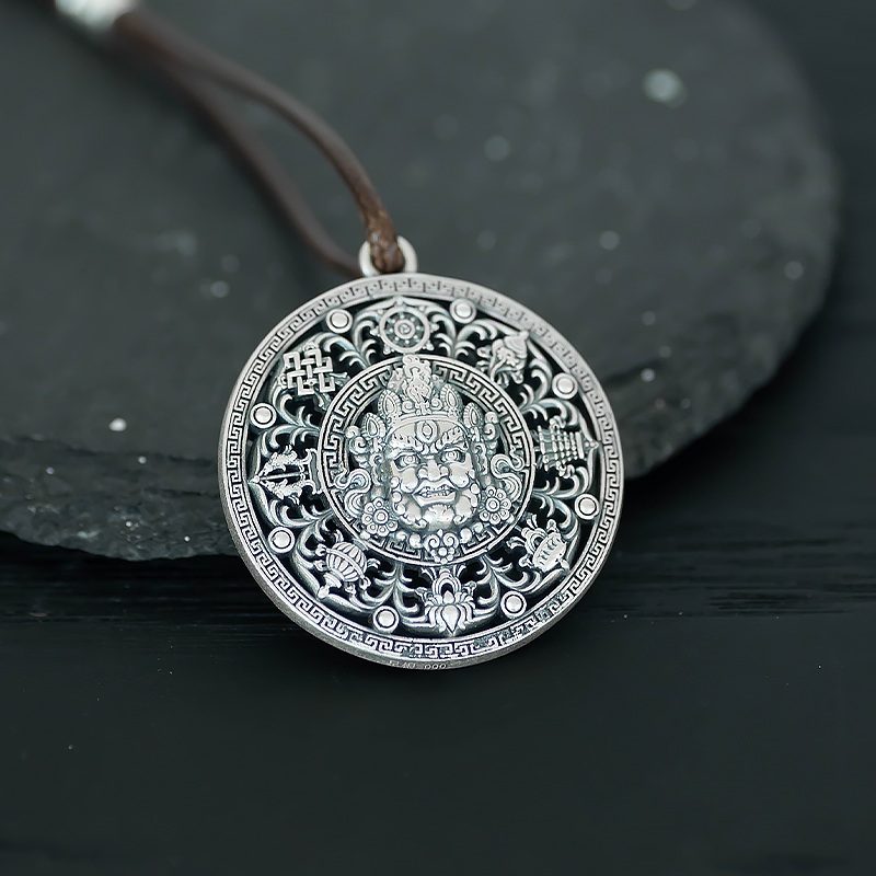 Vintage Chinese Style Divine Heart Pure Silver 999 Compass Vajra Hollow Carved Pendant Necklace - Eight Treasures Design