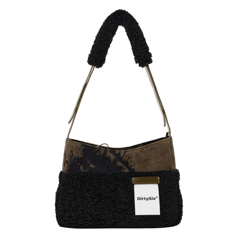 Vintage Chinese Style Mixed Material Saddle Bag: Big Ink Solitary Smoke Corduroy, Plush & Leather Design