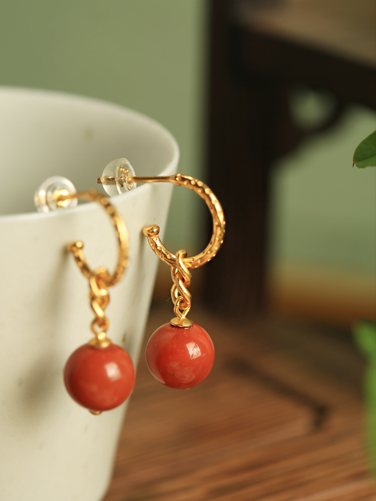 Vintage Chinese Style Red Agate Earrings for Women - Natural Southern Red Pure Silver, National Wind Design Vintage Chinese Style Red Agate Earrings for Women - Natural Southern Red Pure Silver, National Wind Design