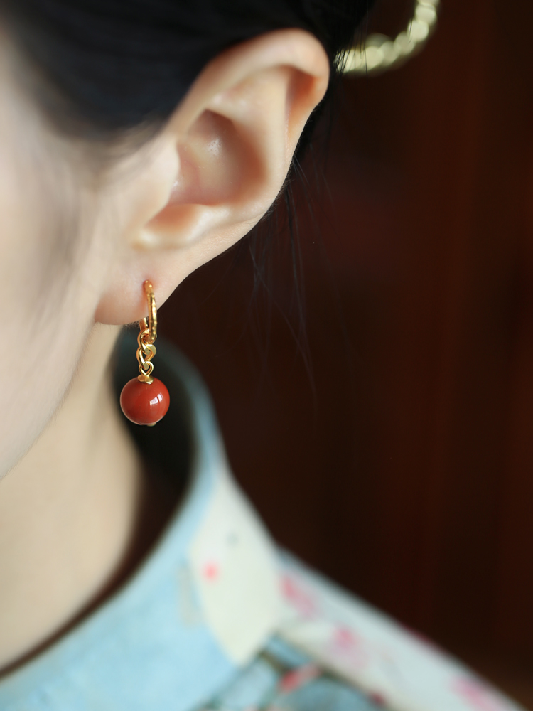 Vintage Chinese Style Red Agate Earrings for Women - Natural Southern Red Pure Silver, National Wind Design Vintage Chinese Style Red Agate Earrings for Women - Natural Southern Red Pure Silver, National Wind Design