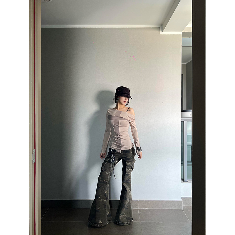 Vintage Color-Block Long Sleeve T-Shirt for Women - Eccentric Spicy Girl Autumn Slim-Fit Casual Top