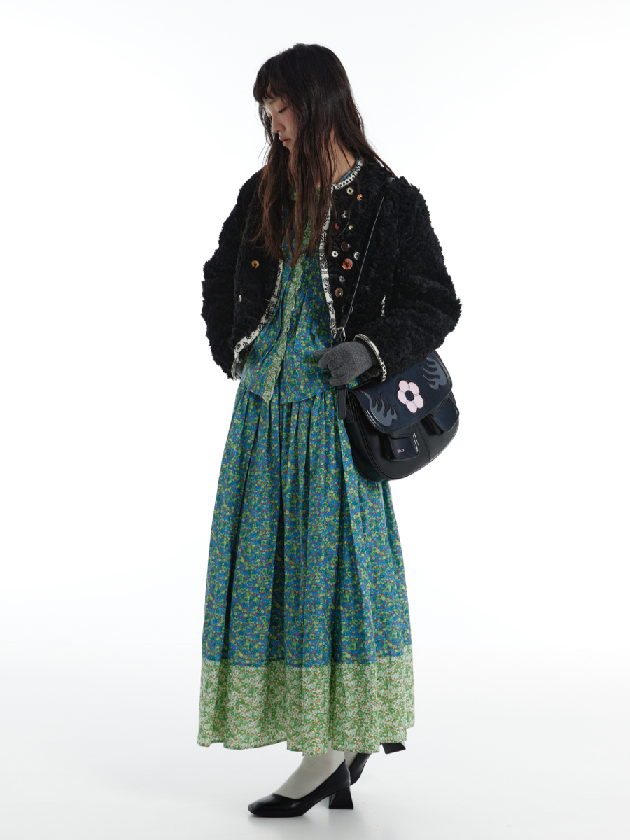 Vintage Color-Blocked Cowhide Saddle Bag with Flame and Flower Design - Stylish Boho Chic Accessory for Everyday Use