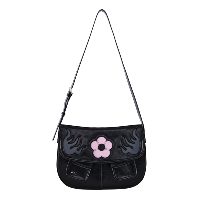 Vintage Color-Blocked Cowhide Saddle Bag with Flame and Flower Design - Stylish Boho Chic Accessory for Everyday Use