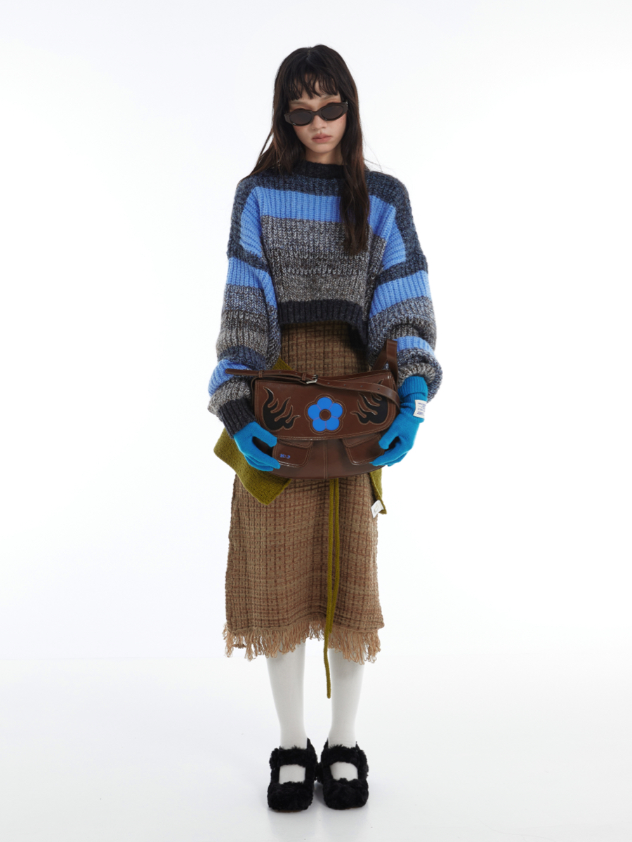 Vintage Color-Blocked Cowhide Saddle Bag with Flame and Flower Design - Trendy Y2K Style Purse